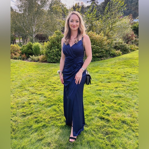 Xscape Metallic Surplice Gown in Navy - Picture 6 of 7